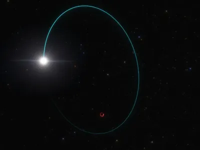 An artist&#39;s illustration of Gaia BH3 and its companion star&#39;s &quot;wobbling&quot; orbit.