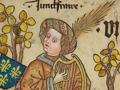 A Lady-in-Waiting of France strums her instrument on this card from The Courtly Household Cards (Das Hofämterspiel), created in c. 1450.