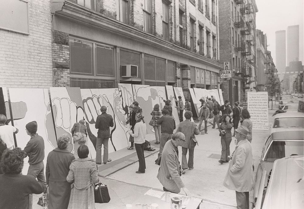 Image showing an art action recreating a Brigada Ramona Parra mural in New York City in 1973