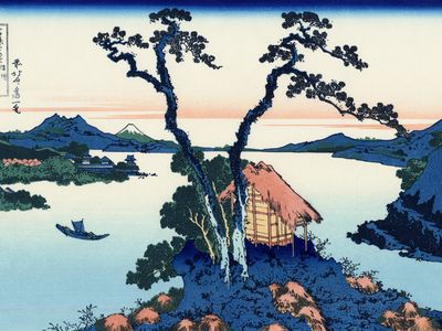 A print of Lake Suwa from the series Thirty-Six Views of Mount Fuji.