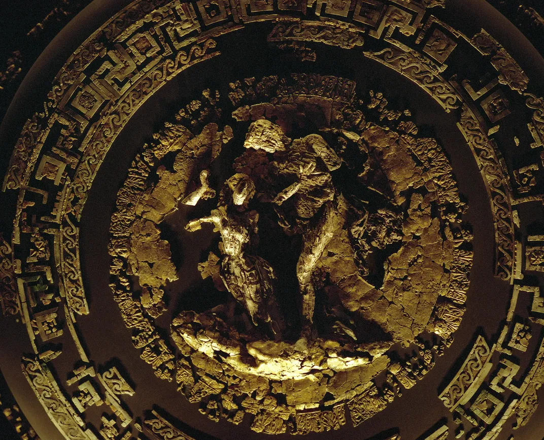 Detail of the ceremonial gold-ivory war shield of King Philip II.