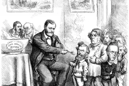 Concerns about patronage under the Grant Administration inspired Horace Greeley (depicted above Grant's left shoulder) to run for President.