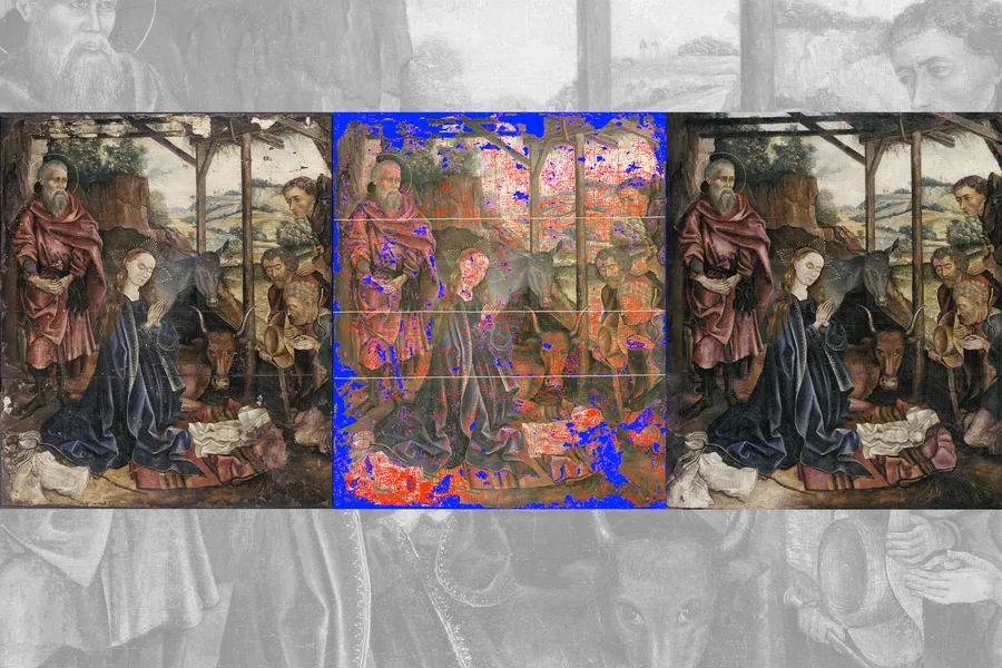 Scans of the painting during various stages in its restoration. On the right is the restored painting with the applied laminate mask.