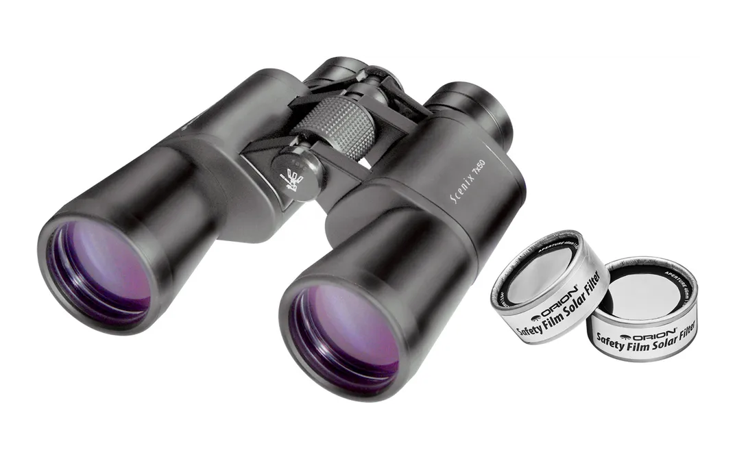 An Orion Scenix 7x50 Binocular Eclipse Plus Kit, featuring removable solar filters