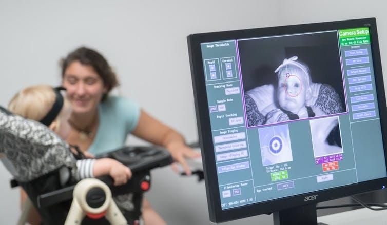 Eye-tracking setups let researchers monitor what infants are paying attention to.