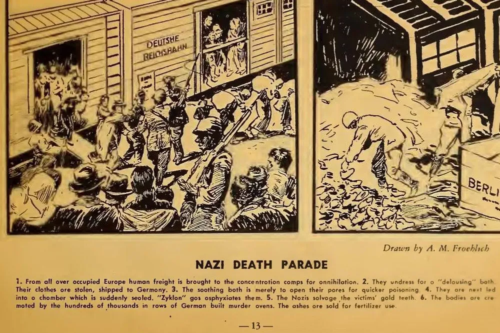 The first two panels of "Nazi Death Parade," a six-panel comic depicting the mass murder of Jews at a Nazi concentration camp