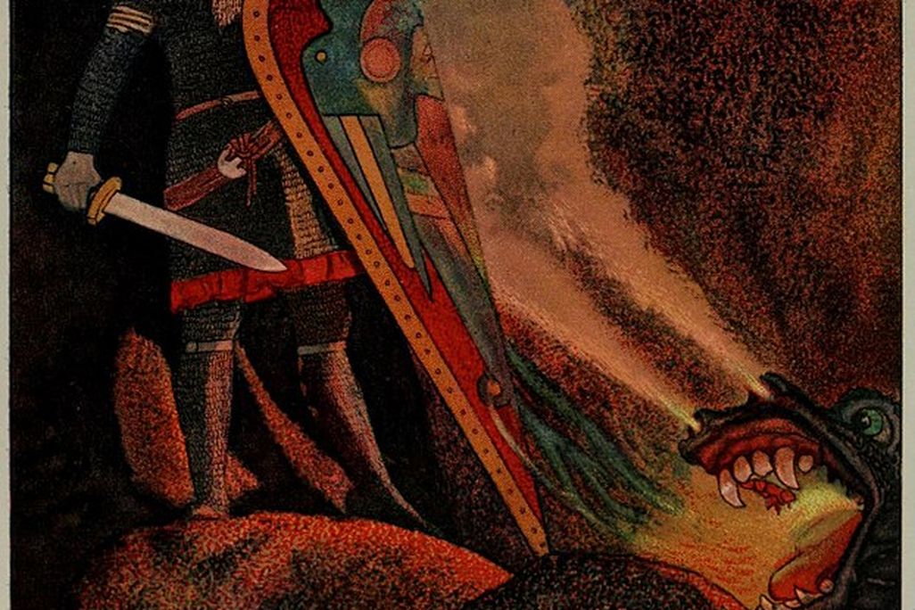 Beowulf face to face with fire-breathing dragon
