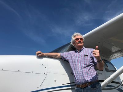 Standing by his Cessna 172S, Barry Eccleston signals success on August 22, 2019, the day he earned his instrument flight rating.