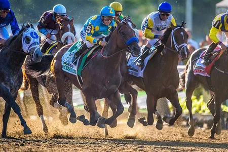 Horses race in the 2015 Belmont Stakes. Researchers have found that horse race speed has increased since 1850. 