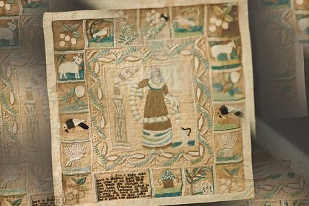 A circa 1825 sampler made by Ann E. Kelly at Leah Maguire&#39;s school in Harrisburg, Pennsylvania.