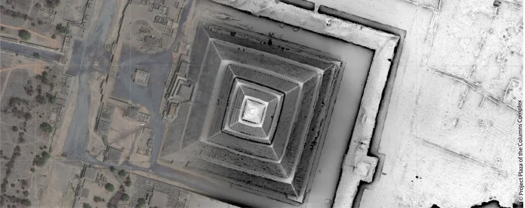 A satellite aerial image of the Pyramid of the Sun, left, is edited together with a lidar image on the right, which reveals buried walls and other archaeological features typically hidden from view