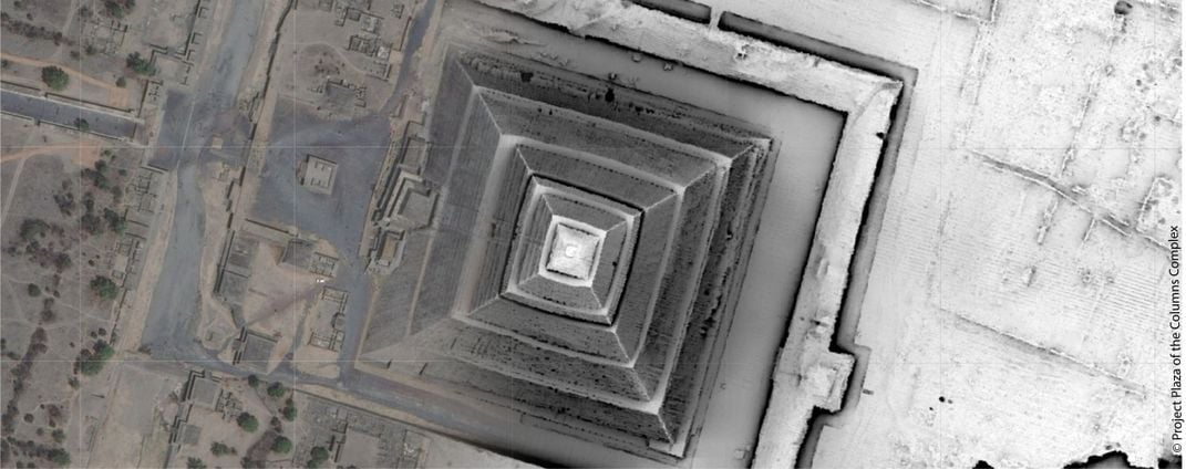 A satellite aerial image of the Pyramid of the Sun, left, is edited together with a lidar image on the right, which reveals buried walls and other archaeological features typically hidden from view