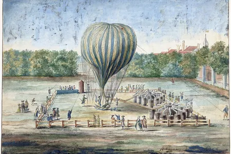 Jean-Pierre Blanchard ascends in his gas balloon on July 12, 1785, six months after he and John Jeffries crossed the English Channel in a similar flying machine