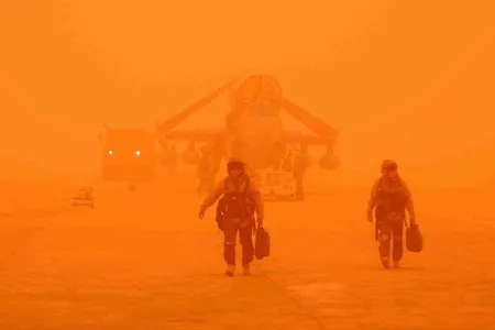 A Marine Corps EA-6B Prowler returns to Al Asad Airbase in Al Anbar province of Iraq after a mission. Prowlers provided support to U.S. and Allied forces in harsh conditions. 