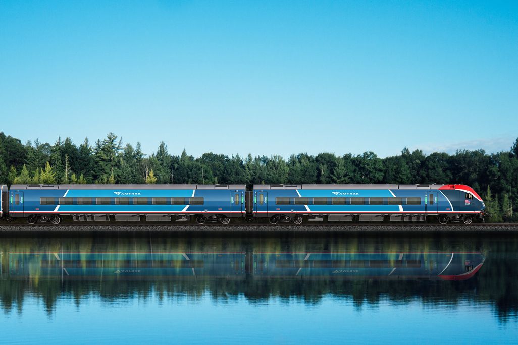 Exterior of Amtrak Airo train by water