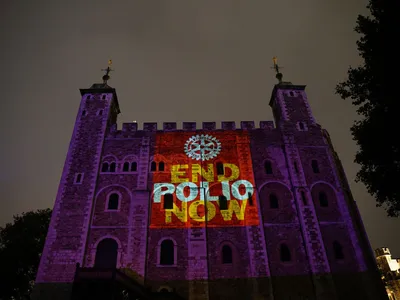 The Tower of London with the slogan &quot;End Polio Now&quot; on World Polio Day in October 2021