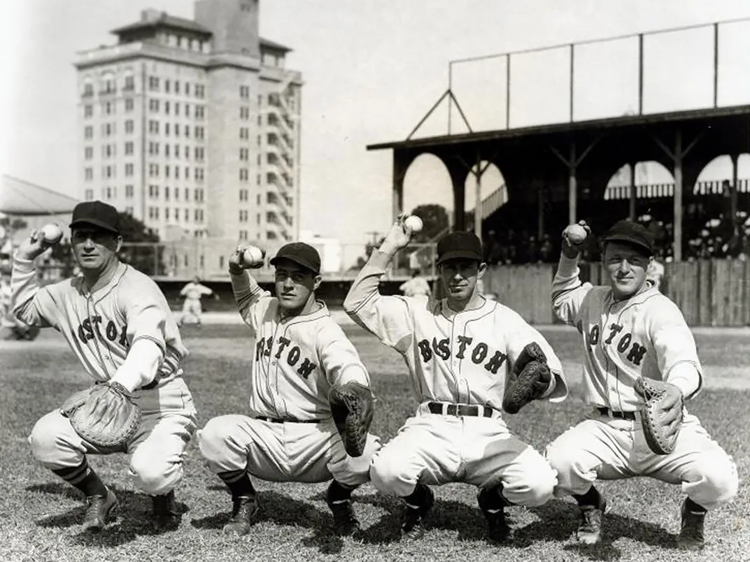 Berg (far left) and other catchers for the Boston Red Sox in 1937