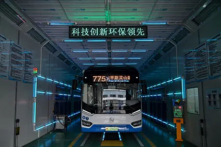 A bus being treated with ultraviolet light in Shanghai, China. Although types of UV light are already in use to decontaminate vehicles and indoor spaces, the wavelengths used are dangerous to people. Researchers hope that wavelengths of far-UVC light can be used harmlessly when people are present.