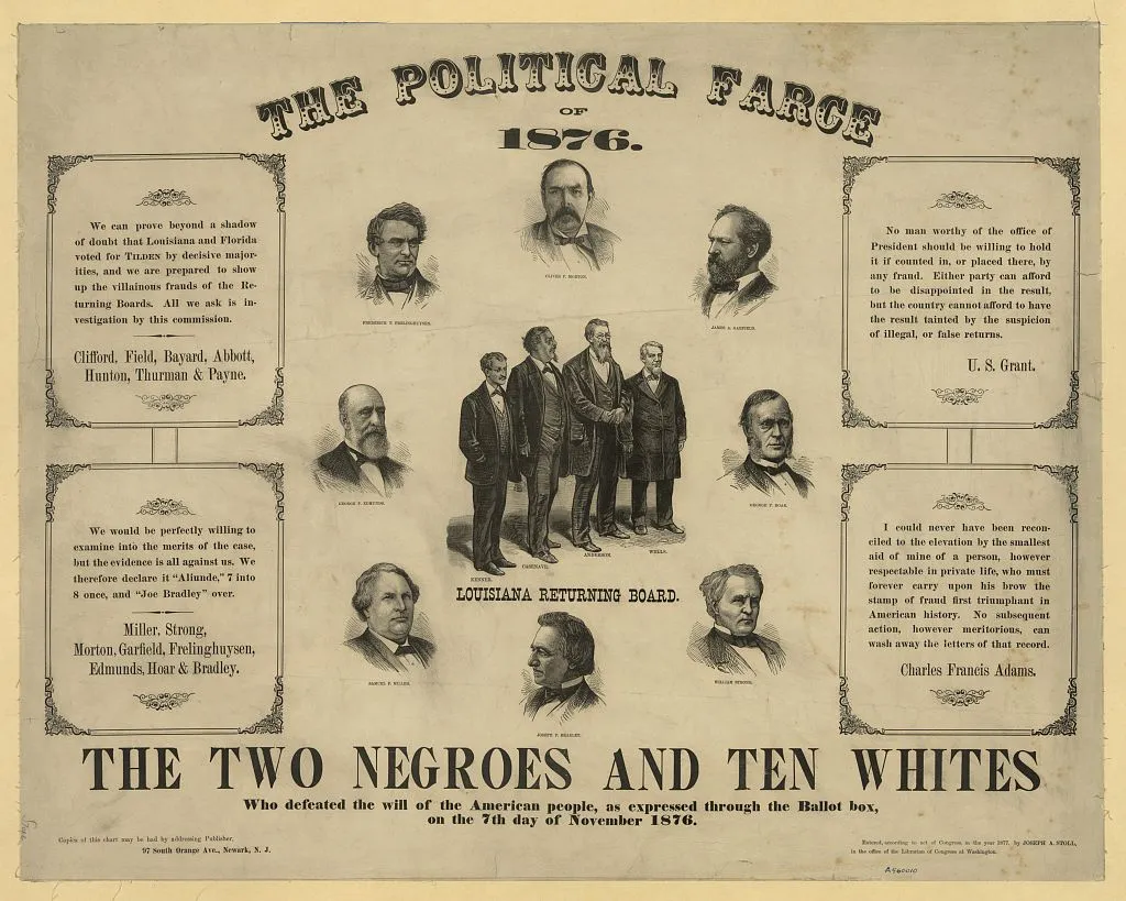 An illustrated cartoon with THE POLITICAL FARCE OF 1876 and portraits of different men involved in the fraught 1876 debate