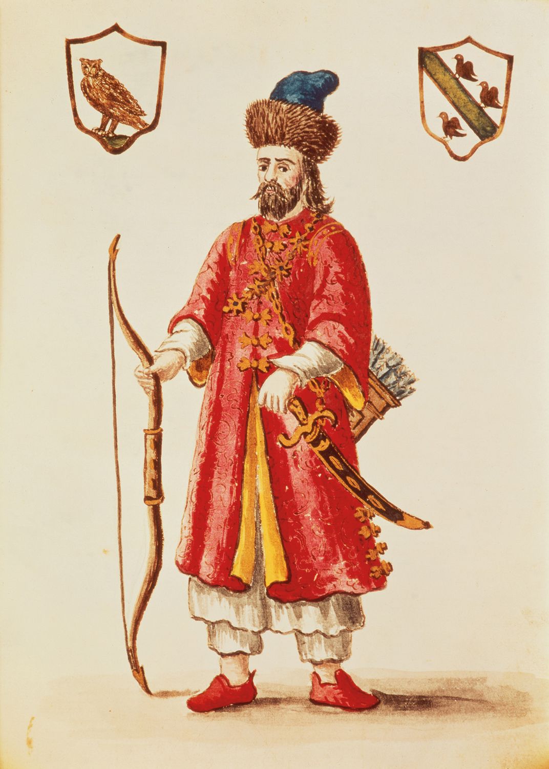 an illustration of a bearded man in an red garb with a bow and arrows