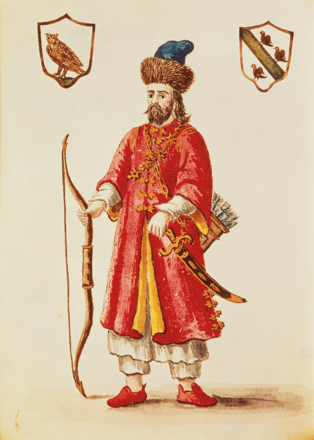 an illustration of a bearded man in an red garb with a bow and arrows