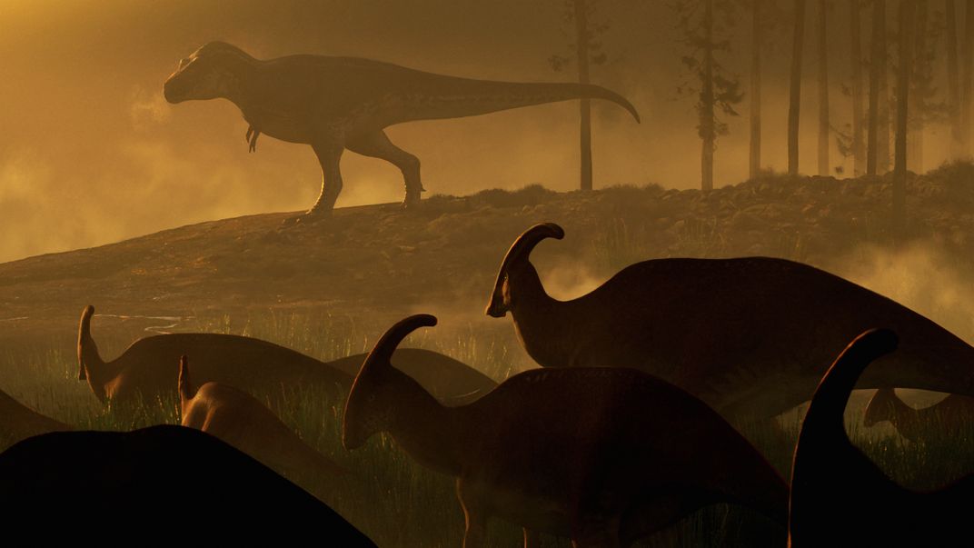 Illustration of an ancient landscape with dinosaurs
