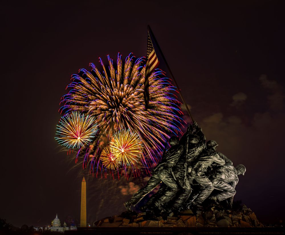 July 4th in the Nation's Capital always concludes with a burst of energy, noise, and colorful fireworks. Watching the explosions light up the night sky from the Iwo Jima memorial in Rosslyn, Virginia, is always thrilling.
