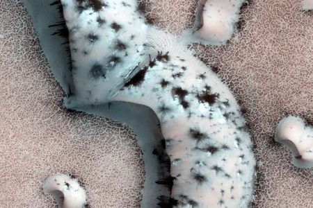 Ice at the Martian pole. The dark spots are pockets of warming under the ice.