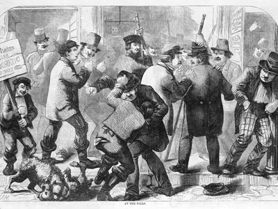A cartoon entitled "At the Polls," depicting an election day brawl, that appeared in Harper's Weekly in 1857.