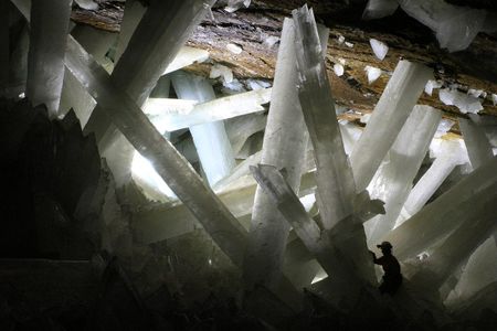Enormous gypsum crystals in a Naica cavern