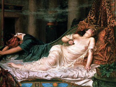 After the defeat of Cleopatra's forces by Octavian (later Augustus, emperor of Rome), the Egyptian queen and her lover Marc Antony fled to Egypt. In Shakespeare's imagining, one of Cleopatra's greatest fears was the the horrid breath of the Romans. Shown here: "The Death of Cleopatra" by Reginald Arthur, 1892.