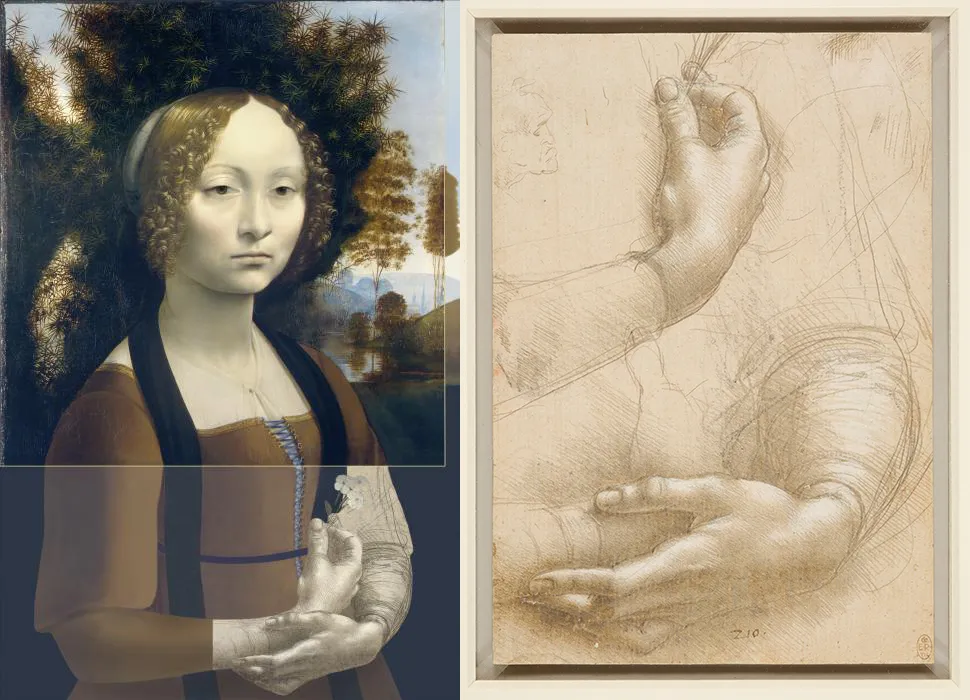 A National Gallery of Art reconstruction of how Ginevra de' Benci might have originally looked (left) and A Study of a Woman’s Hands (right)