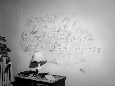 William Heirens, aka The Lipstick Killer wrote this plea in lipstick on one of his victim's bedroom walls in 1946. It reads: For heavens sake catch me before I kill more/ I cannot control myself  