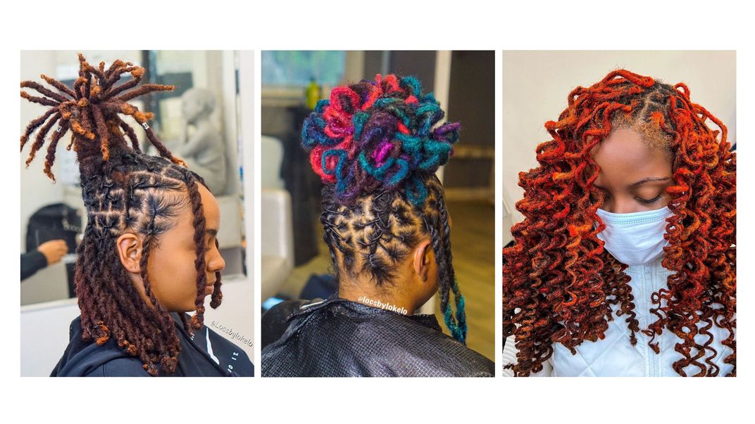 Left: From the side, portrait of a person in a hair salon, their hair styled in dreadlocks, half down and half up in a cylindrical shape like a crown. Middle: From behind, a person in a hair salon, their hair styled up in locs in different colors.