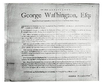 After the Bristish occupying army left Boston, Washington issued general orders (above) to his troops to "live in the strictest Peace and Amity with the [city's] inhabitants." He also urged the town fathers to turn over remaining British supplies and identify spies.