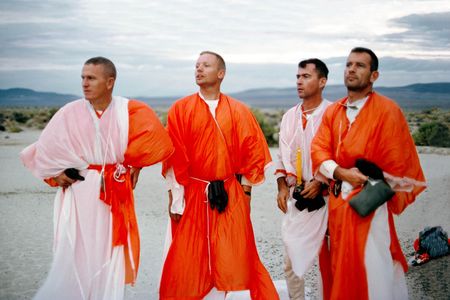 During survival training in Reno, Nevada, astronauts (from left) Frank Borman, Neil Armstrong, John Young, and Deke Slayton fashioned protective clothing out of material—such as parachute fabric—that would be available in a crash landing.