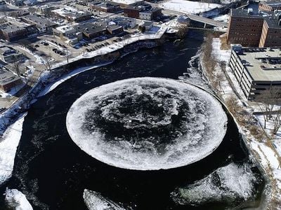 A drone captured the ice circle that formed on the Presumpscot River in Westbrook, Maine, last January.