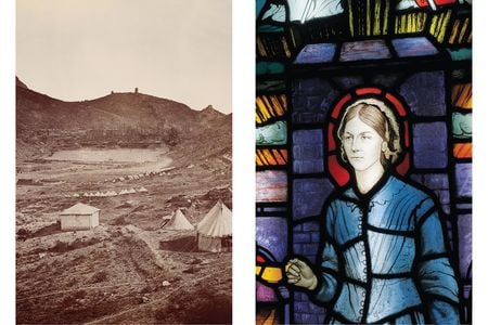 Left, the British Army camped at Balaklava in the Crimea. Right, an angelic Nightingale animates a stained glass window crafted around 1930. 