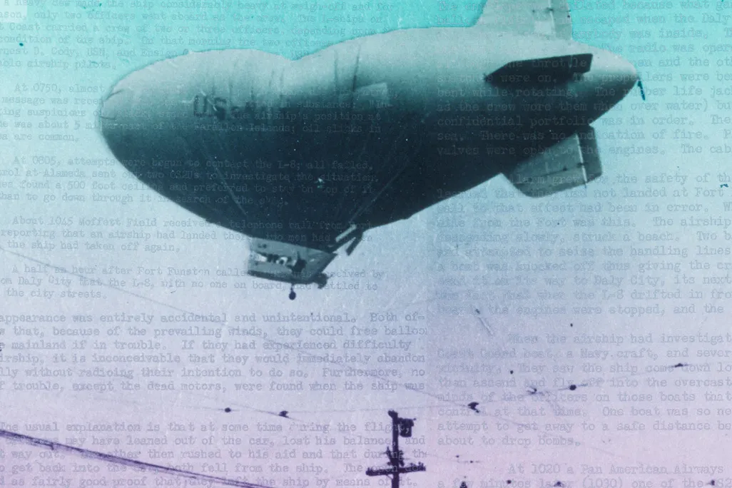 The misshapen L-8 "Ghost Blimp" in the sky in August 1942