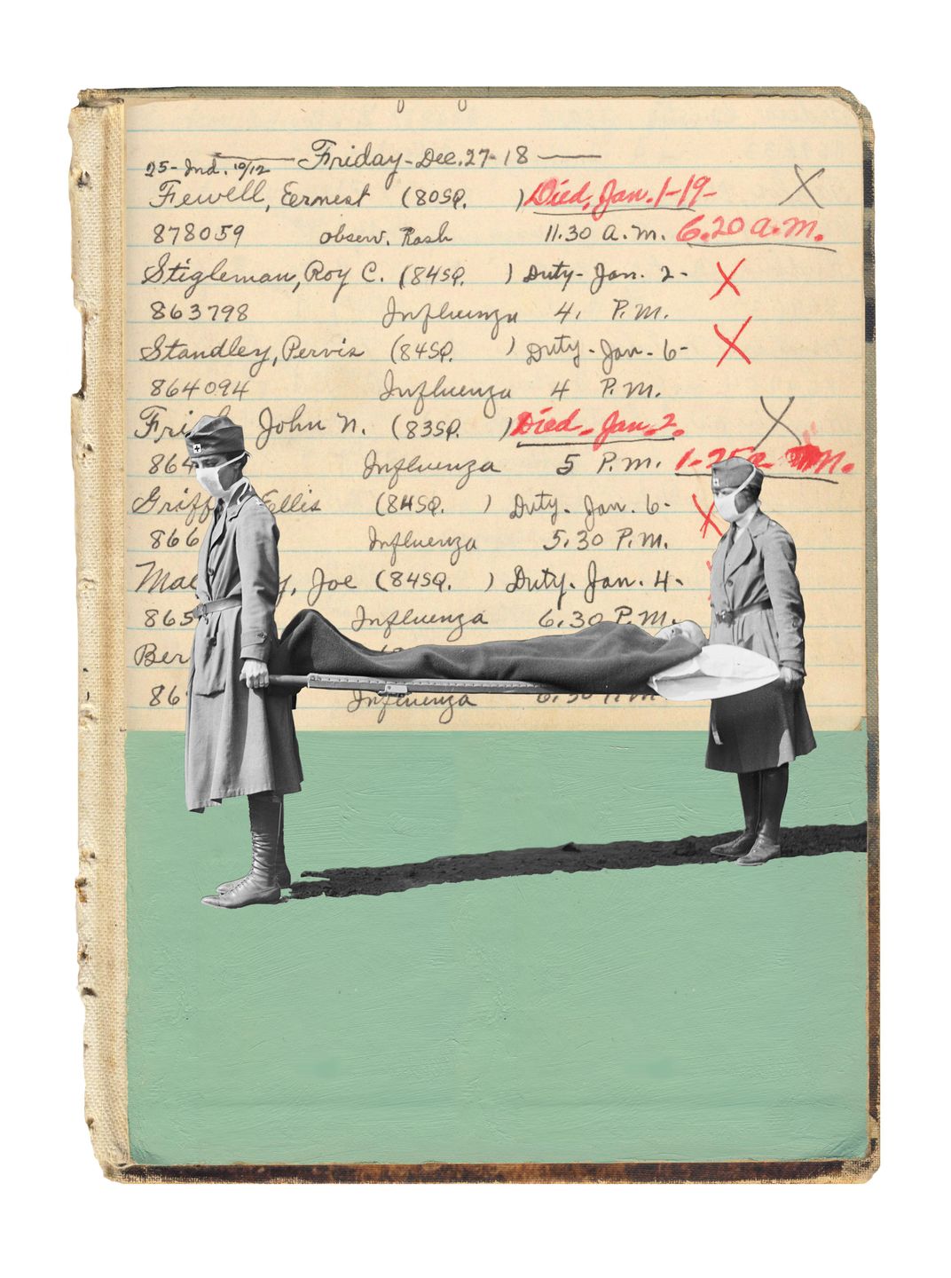 Red Cross workers carried a stretcher in 1918; names fill an Army hospital ledger.