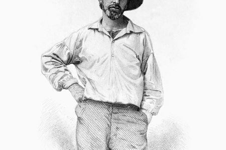 A steel engraving of Walt Whitman in his 30s from the first edition of Leaves of Grass, published in 1855.