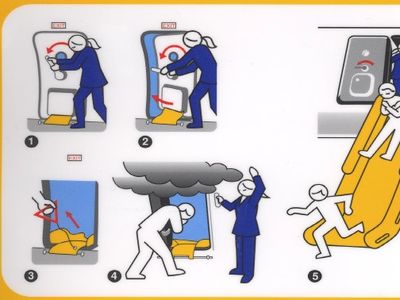 To exit more quickly during an emergency, leave your luggage behind. And high heels—which can puncture evacuation slides—should be removed. 