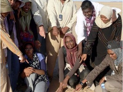 Muawia Shaddad of the University of Khartoum, Sudan and researcher Peter Jenniskens with students at the scene of a meteorite find in Sudan.
