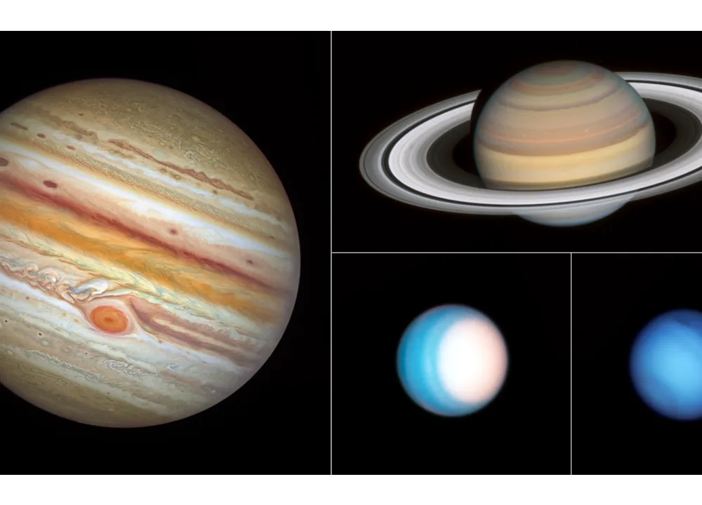 A collage of outer solar system planets, Jupiter, Saturn, Neptune and Uranus, taken by the Hubble Space Telescope.