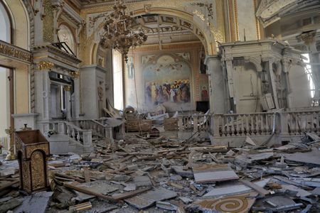 The interior of Transfiguration Cathedral, the largest church building of Odesa, was damaged by a Russian missile that hit the altar on July 23.