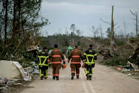 First responders walk through a neighborhood in Beauregard, Alabama.