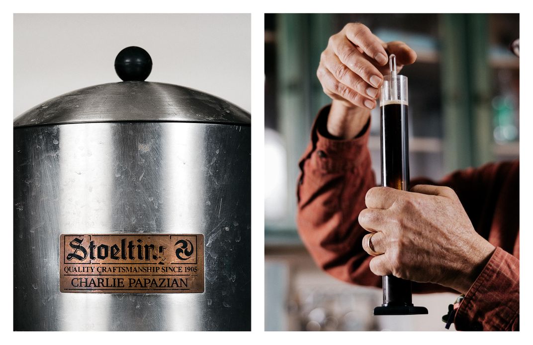 Left, a pot made for Papazian decades ago by the Wisconsin company Stoelting (it now specializes in ice cream equipment), which Papazian uses to strain grain husks before adding the wort to the fermenter; Right, a carboy filled with stout wort, which will