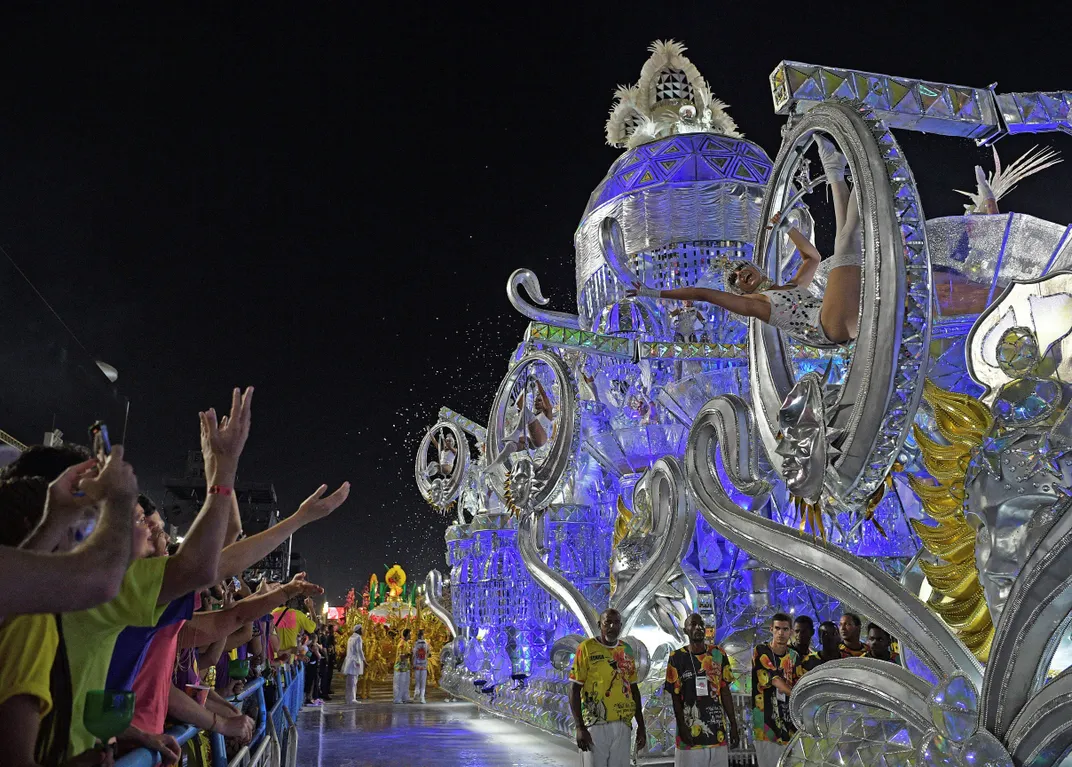 A member of Viradouro samba school performs during the first night of Rio's Carnival parade at the Sambadrome Marques de Sapucai in Rio de Janeiro, Brazil on April 22, 2022.