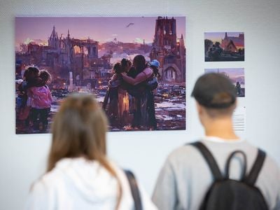 Onlookers attending the&nbsp;touring exhibition&nbsp;Save Ukr(AI)ne,&nbsp;which featured A.I.-generated images based on stories of children displaced by the war in Ukraine, in September 2022