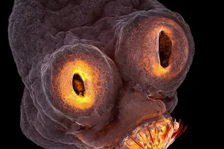 The glowing end of a tapeworm took fourth place in the competition. 200x magnification